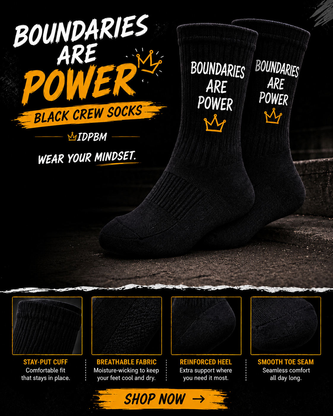 Boundaries are Power Adult Black Crew Socks